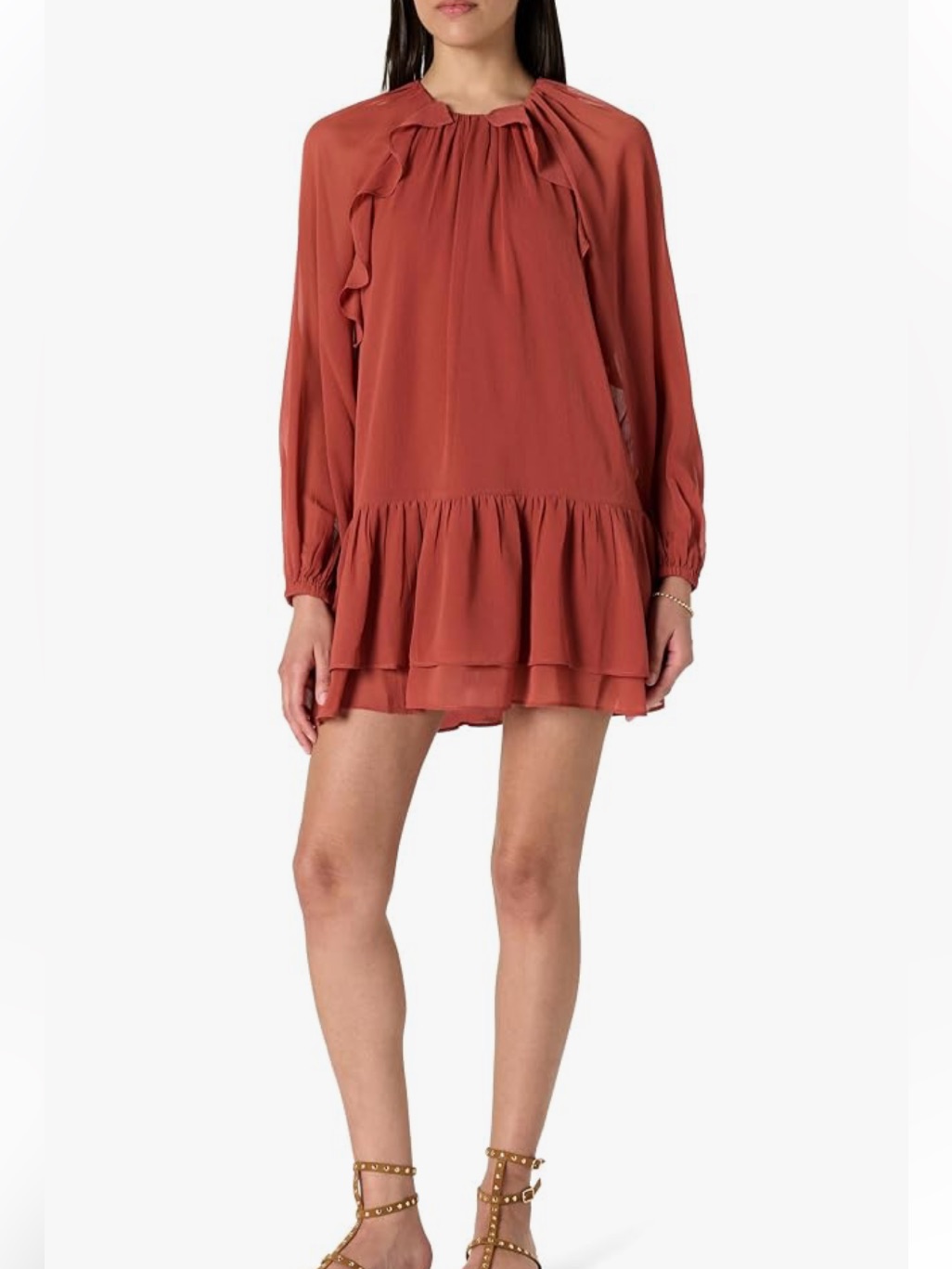 The Drop Rust Jordan Bohemian Ruffle Long-Sleeve Tiered Mini Dress Size 8 Nwt